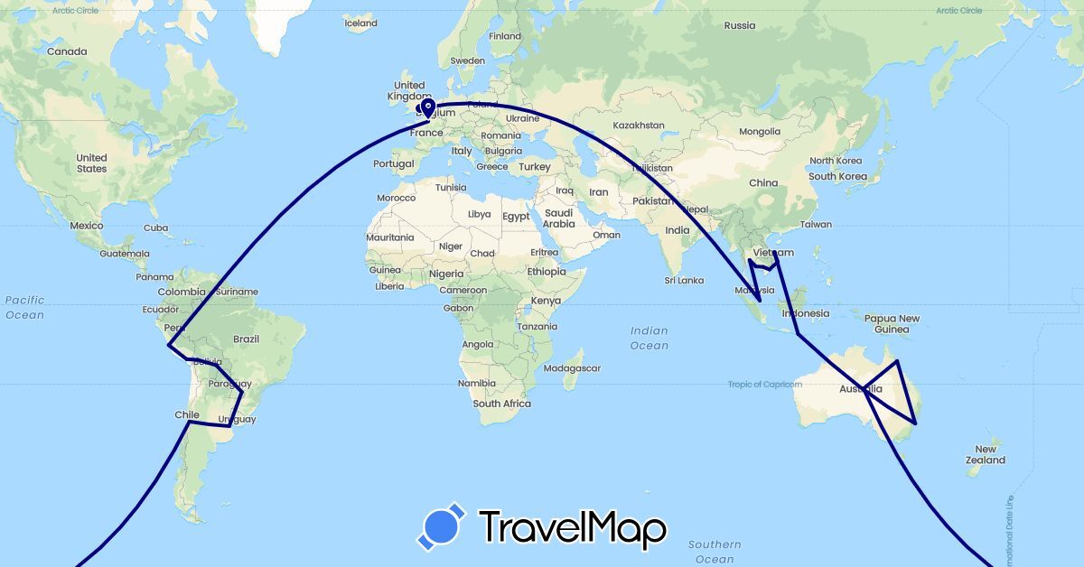 TravelMap itinerary: driving in Australia, Bolivia, Chile, United Kingdom, Indonesia, Cambodia, Peru, Singapore, Thailand, Vietnam (Asia, Europe, Oceania, South America)